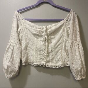Astr White Eyelet Lace-Up Blouse